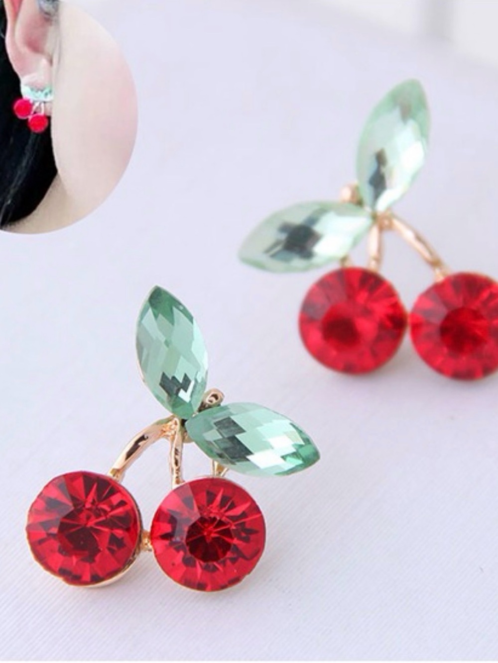 Red Cherry Stud Earrings with Green Leaves - Women Jewelry
